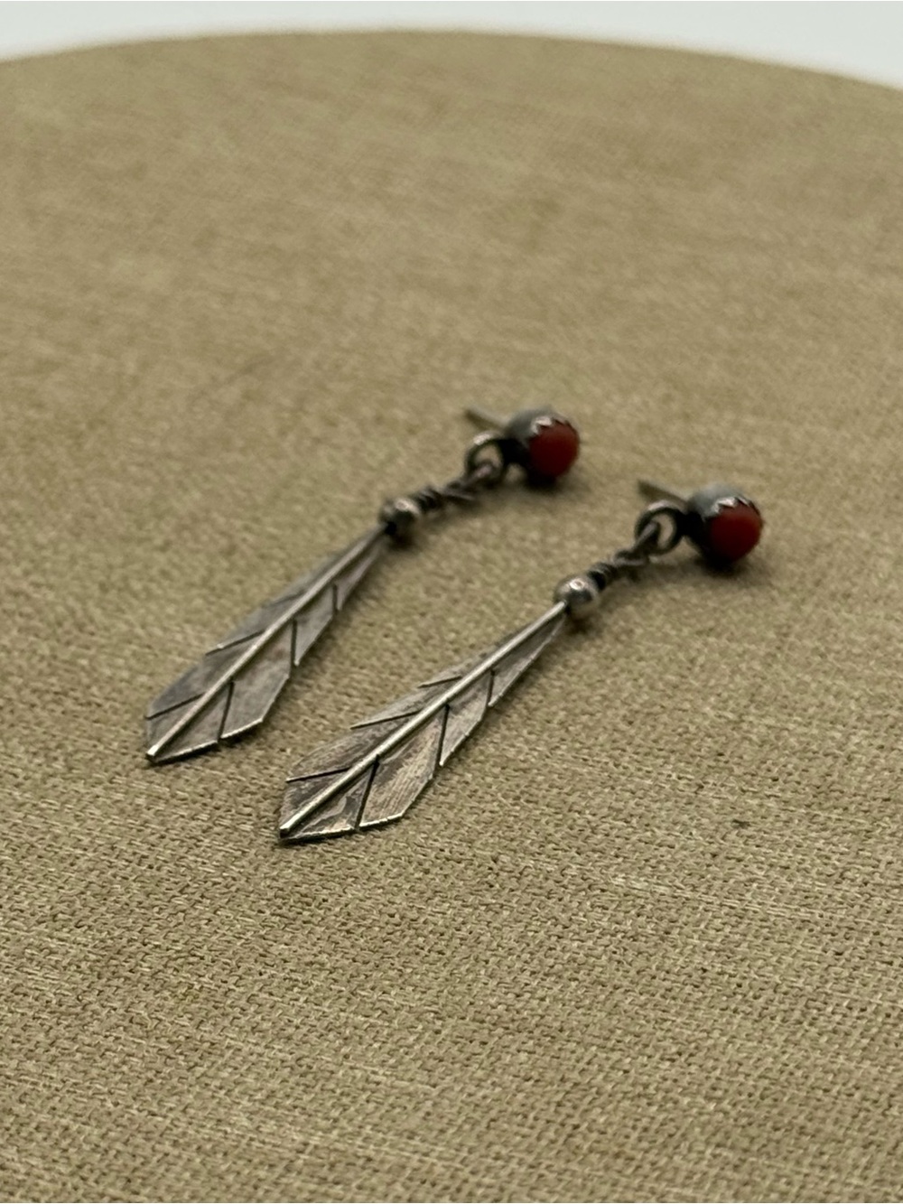 Sterling Feather Drop Earrings with coral Accent